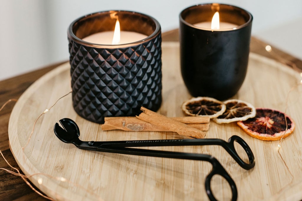 Two Black candles with candle scissor