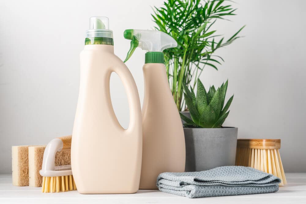 bottled cleaning products, brushes, and home green plants